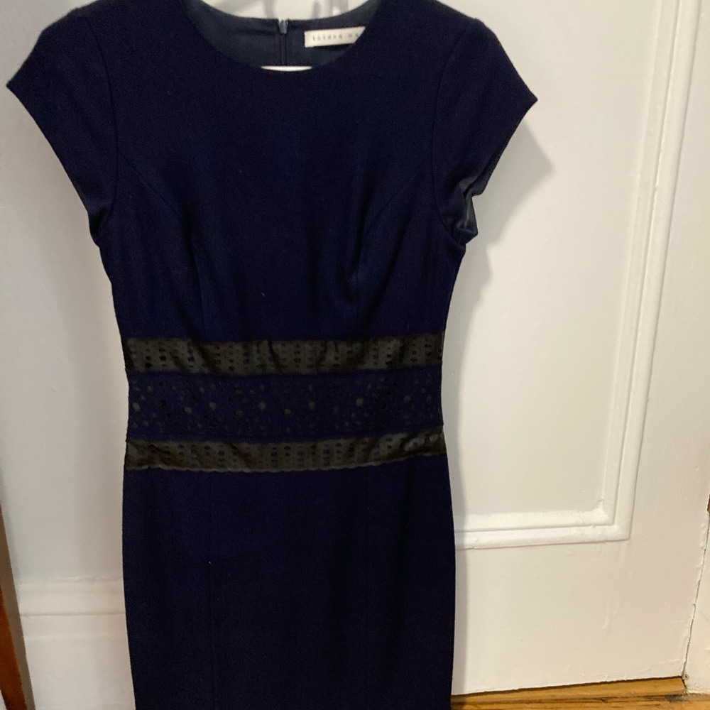 Susana Monaco navy blue wool dress with black leather middle